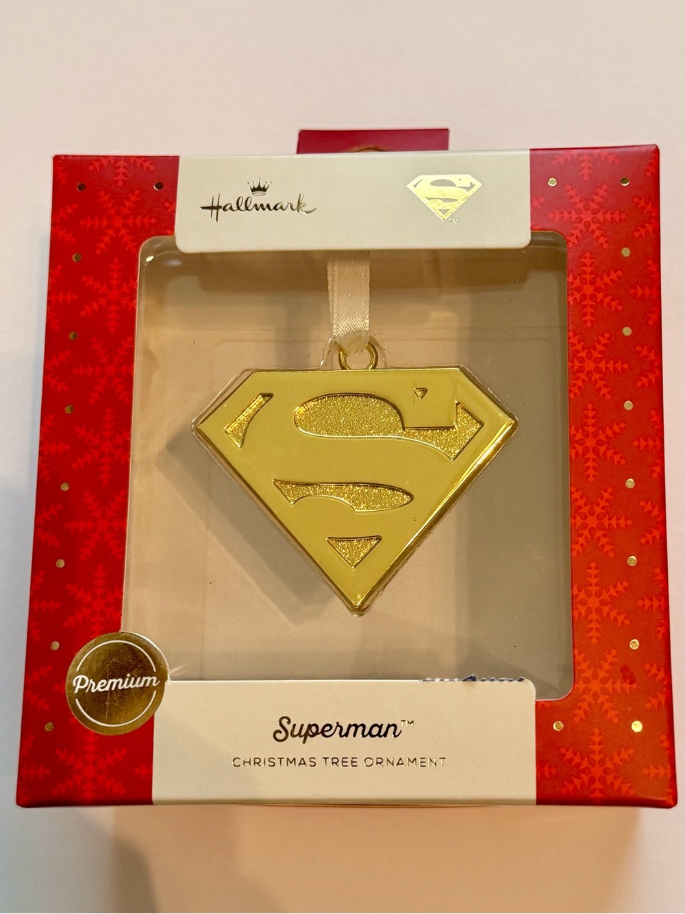 Exclusive Premium Hallmark Gold Superman Shield Ornament with Ribbon